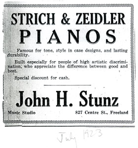 Stunz piano ad, 1923