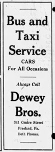 Dewey Bros. Bus and Taxi Service, 1924 ad