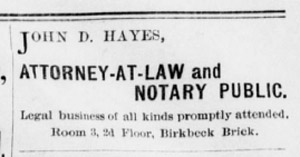 John D. Hayes, attorney, 1890 ad