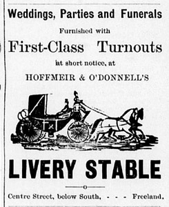 Hoffmeir & O'Donnell's Livery Stable, 1889-1890 ad