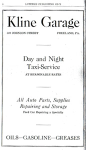 Kline Garage taxi service, 1921-1922 ad