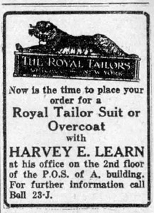 Harvey E. Learn clothing store, 1922 ad