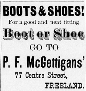 P. F. McGettigan's Boots & Shoes, 1890 ad