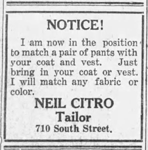  Neil Citro tailor ad, 1925
