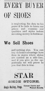 Malloy's Star Shoe Store, 1901 ad