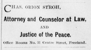 Charles Orion Stroh, attorney, 1890 ad