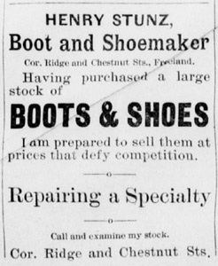Stunz boots and shoes ad, 1890