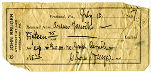 Attorney Bruger receipt, 1927