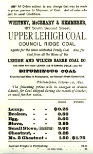 Prices for shipping coal in 1875