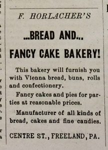 F. Horlacher bakery, 1894 ad
