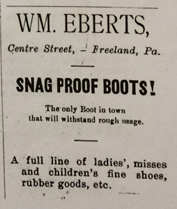 Wm. Eberts, snag-proof boots, 1894 ad