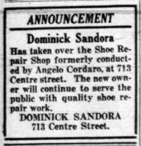 Sandora Shoe Repair ad, 1938