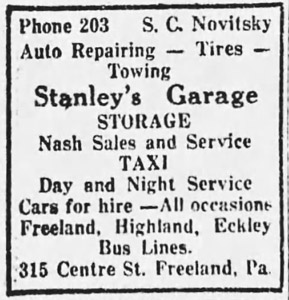 Stanley's Garage, list of services, 1927 ad