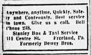 Stanley Bus & Taxi Service, 1927 ad