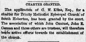 Application for charter for Trinity Methodist Church, 1879