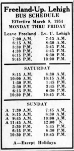 Freeland-Upper Lehigh bus schedule, 1954