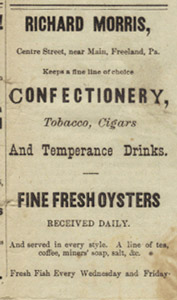 Richard Morris confectionery, cigars, tobacco, 1882 ad