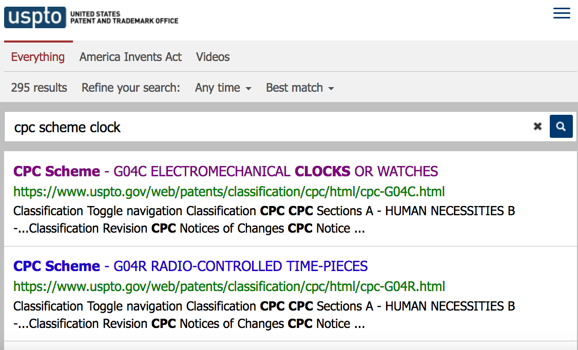 Screen Shot of CPC Scheme Search Results