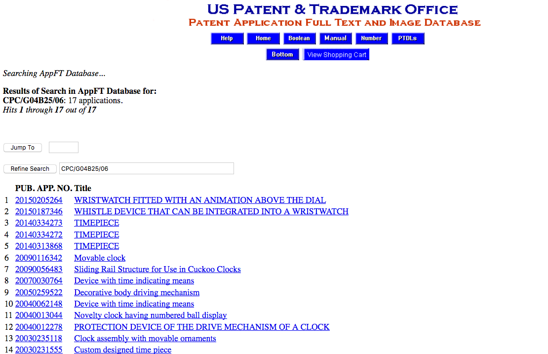 Screen Shot of the Search Results for a Search of the Patent Application Full Text and Image Database