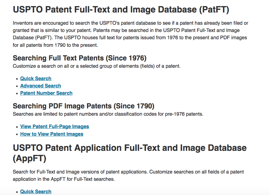 Screen Shot of Specific Area of the USPTO Search for Patents Page Focusing on Searching Full Text Patents (since 1976)