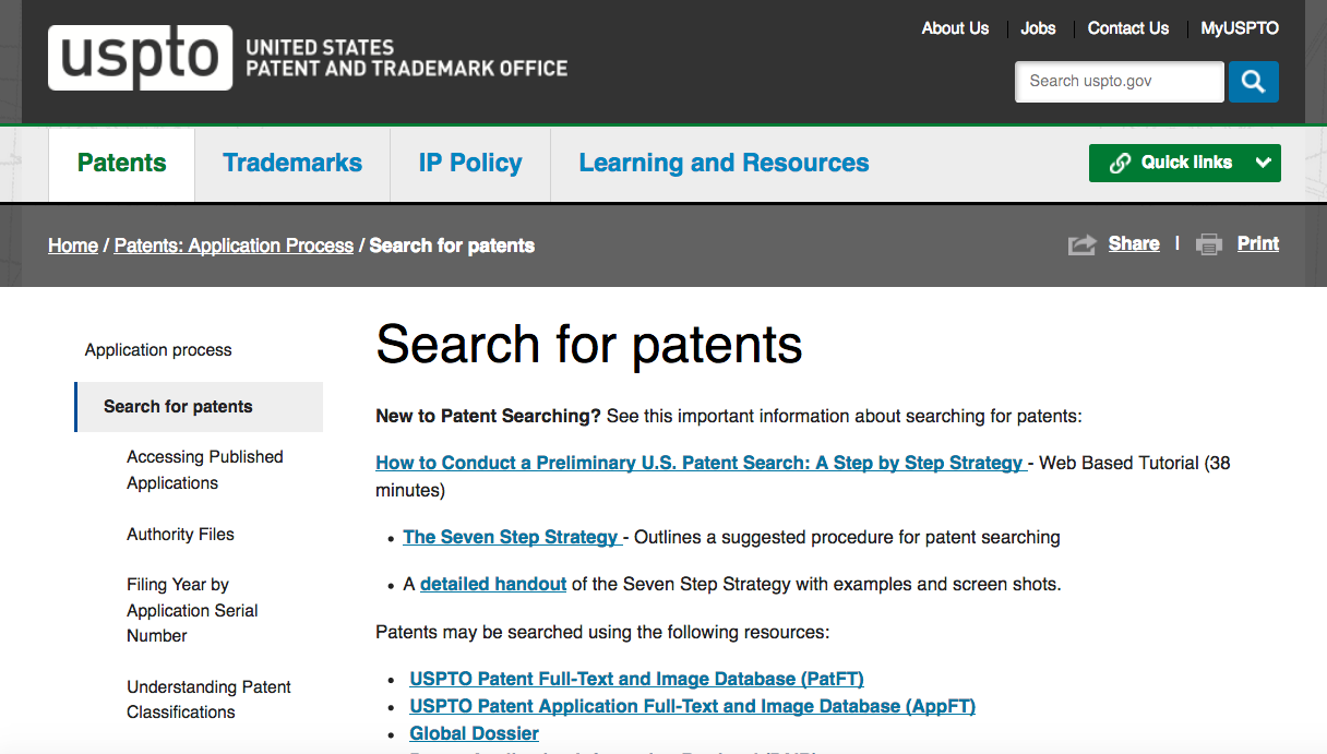 The USPTO Search for Patents Page