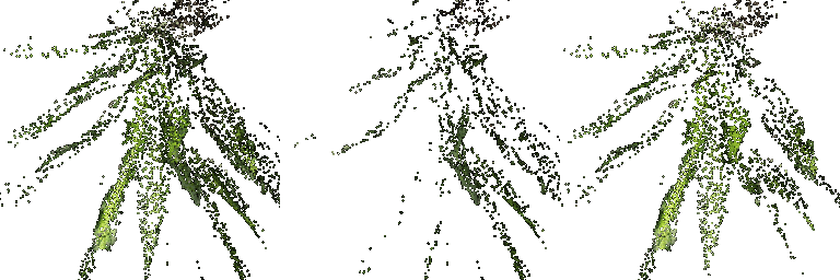 side-by-side gif of 2 singular (middle and far right) and 1 combined point cloud (far left)