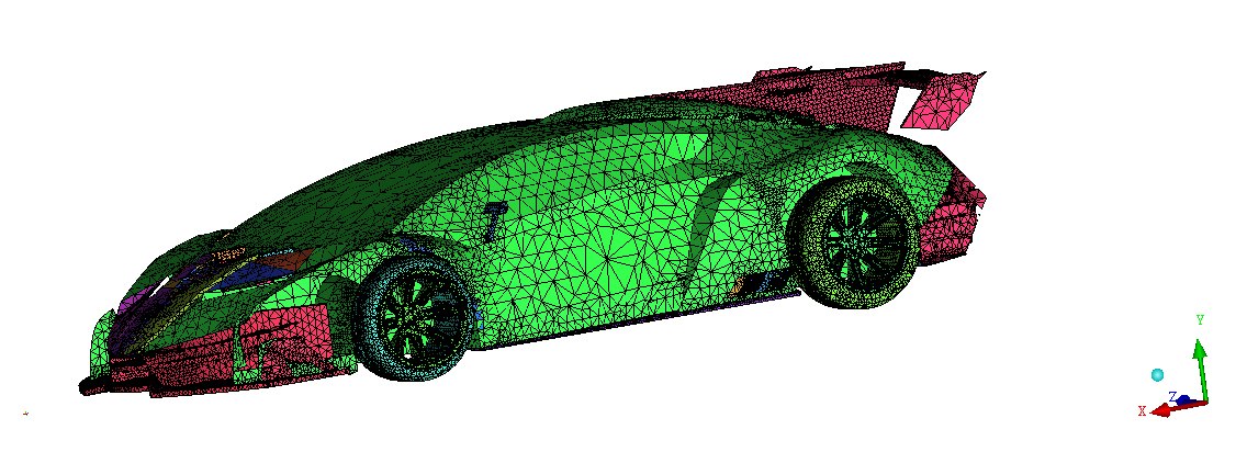 3D mesh representation of a Lamborghini in a CFD software