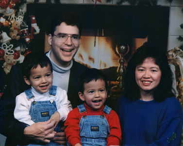 Alex (red); Mark (white), An (the only woman); and me (the guy in glasses)