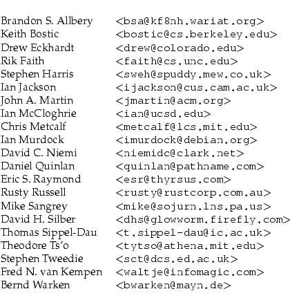 \begin{longtable}[l]{l l}
Brandon S. Allbery & {\tt {}\textless{}bsa@kf8nh.waria...
...nd Warken & {\tt {}\textless{}bwarken@mayn.de\textgreater{}} \\
\end{longtable}