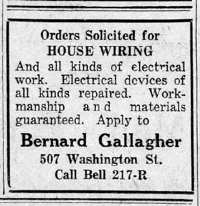 Bernard Gallagher, electrician, 1925 ad