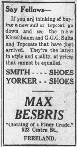 Max Besbris clothing store, 1925 ad