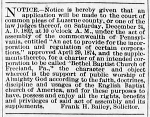 Registration of the name of Bethel Baptist Church, Freeland, 1892