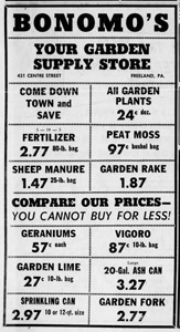Bonomo's Hardware Store ad, 1957
