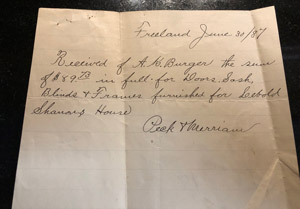 Windows receipt for Burger-built home, 1887