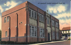 St. Ann's School, color postcard, reversed image