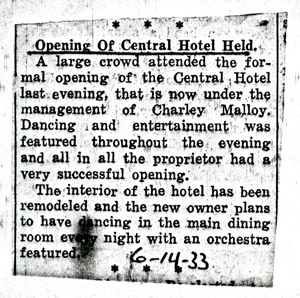 Central Hotel reopening, 1933