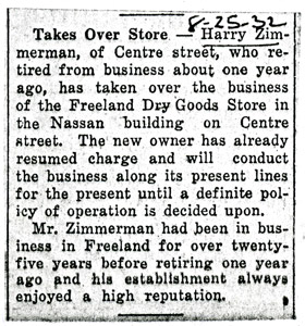 Harry Zimmerman's new business, 1932 notice