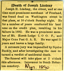 Joseph H. Lindsay death notice, March 1890