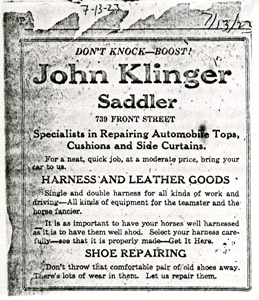 John Klinger's Saddler Shop, 1923 ad