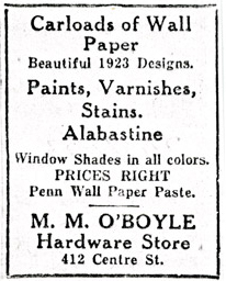 M. M. O'Boyle Hardware Store, 1923 ad
