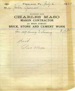 Charles Maso, masonry and contracting, 1927 bill