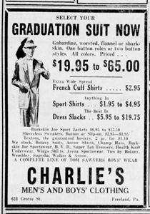 Charlie's Men's and Boys' Clothing, 1953 ad