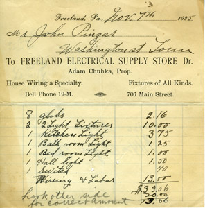 Freeland Electrical Supply Store, 1925 bill