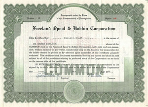 Freeland Spool & Bobbin Corporation stock certificate