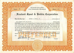 Freeland Spool & Bobbin Corporation stock certificate