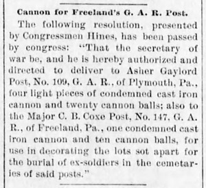 Congressman Hines requests cannon for Freeland, 1895