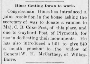 Congressman Hines requests cannon for Freeland, 1894