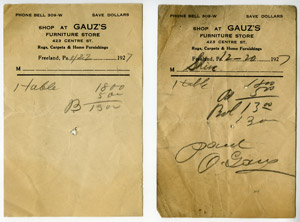 Gauz Furniture Store receipts, 1927