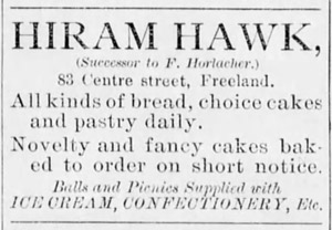 Hiram Hawak, baker and confectioner, successor to F. Horlacher, 1895 ad