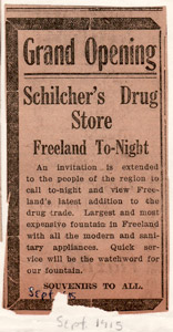 Schilcher's Drug Store, 1915 announcement